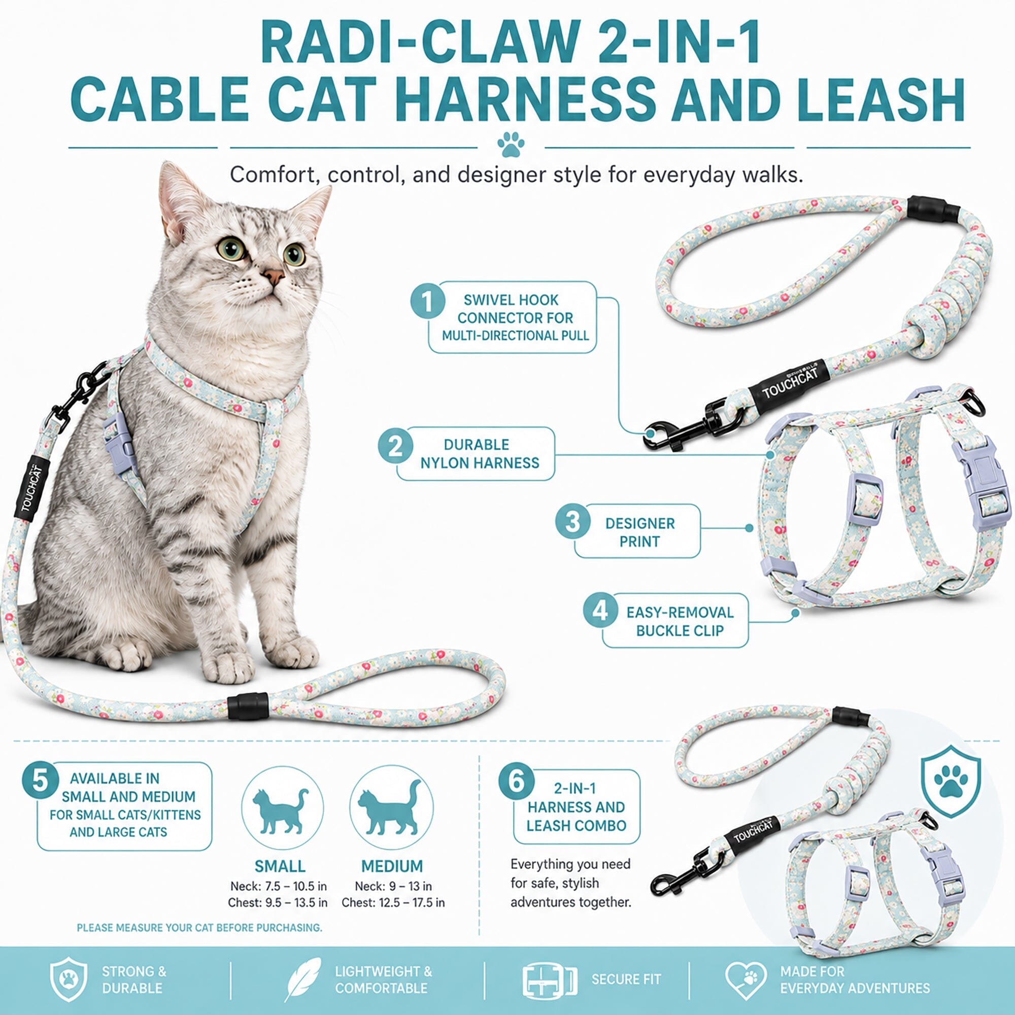 Touchcat Radi-Claw Durable Cable Cat Harness and Leash Combo | HT Animal Supply