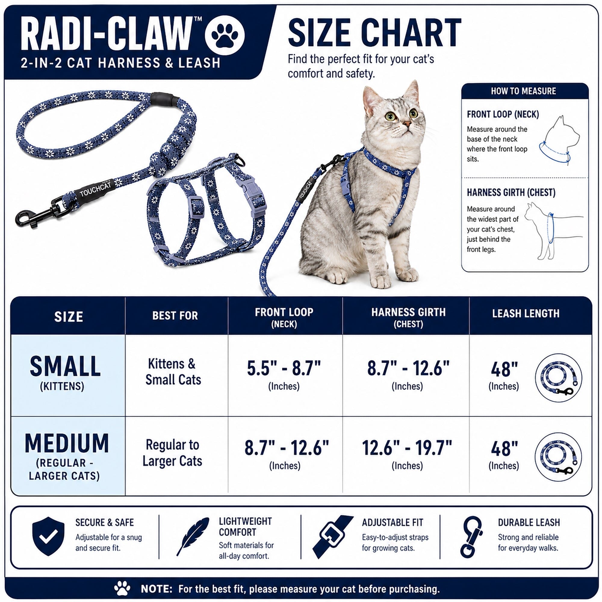 Touchcat Radi-Claw Durable Cable Cat Harness and Leash Combo | HT Animal Supply