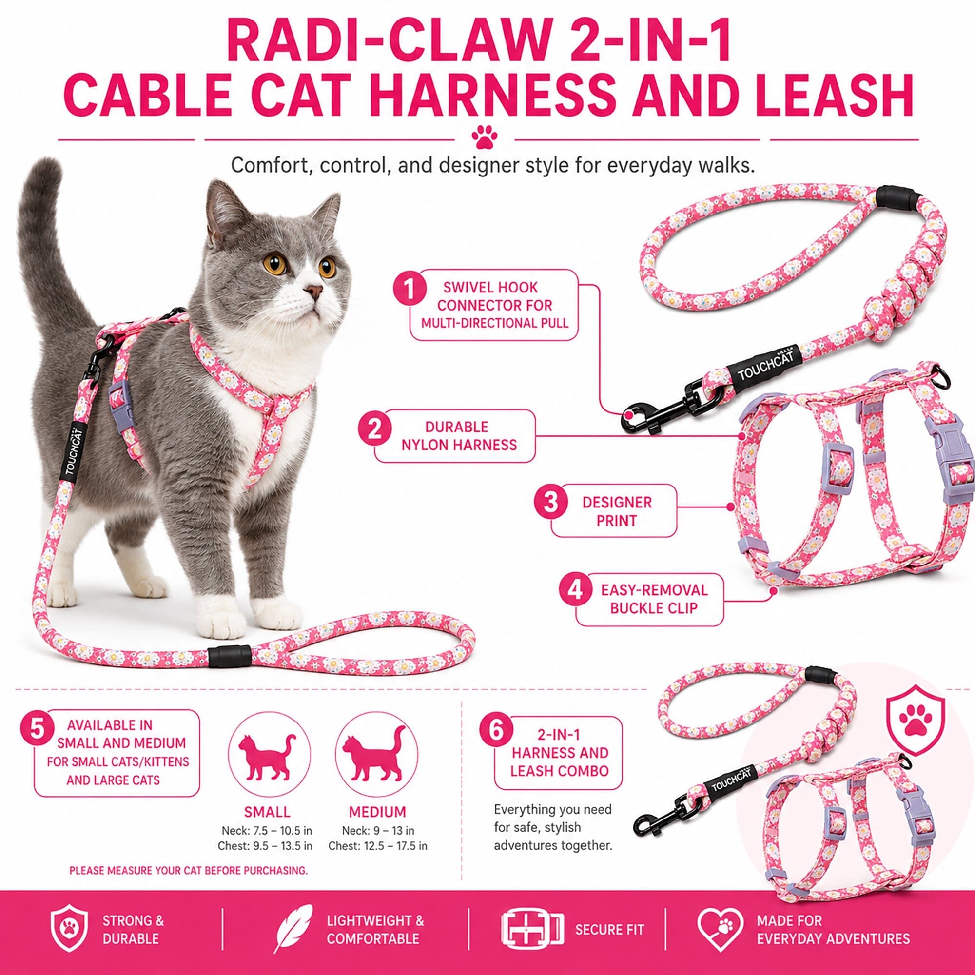 Touchcat Radi-Claw Durable Cable Cat Harness and Leash Combo | HT Animal Supply