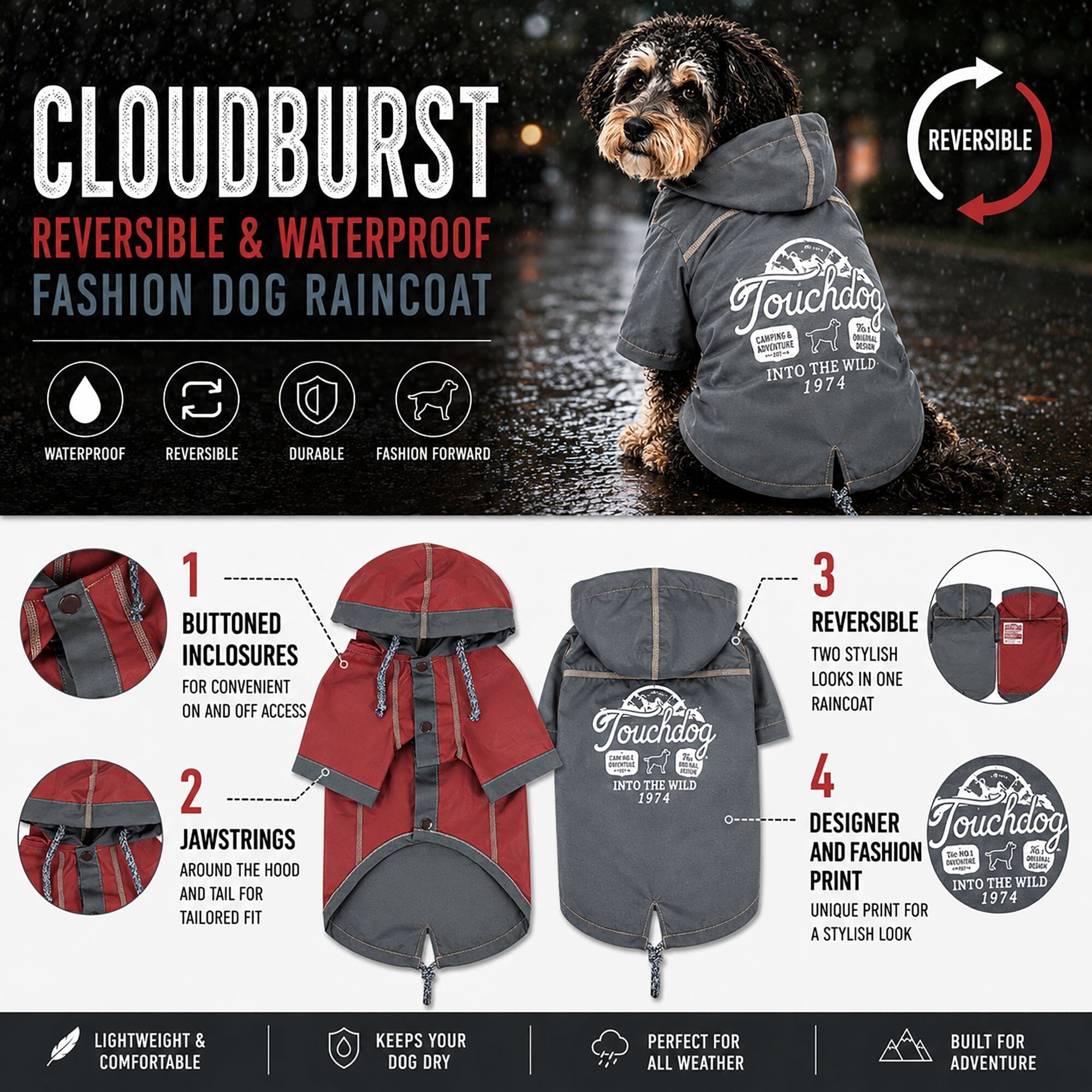Touchdog Cloudburst Reversible Fashion Waterproof Dog Raincoat | HT Animal Supply