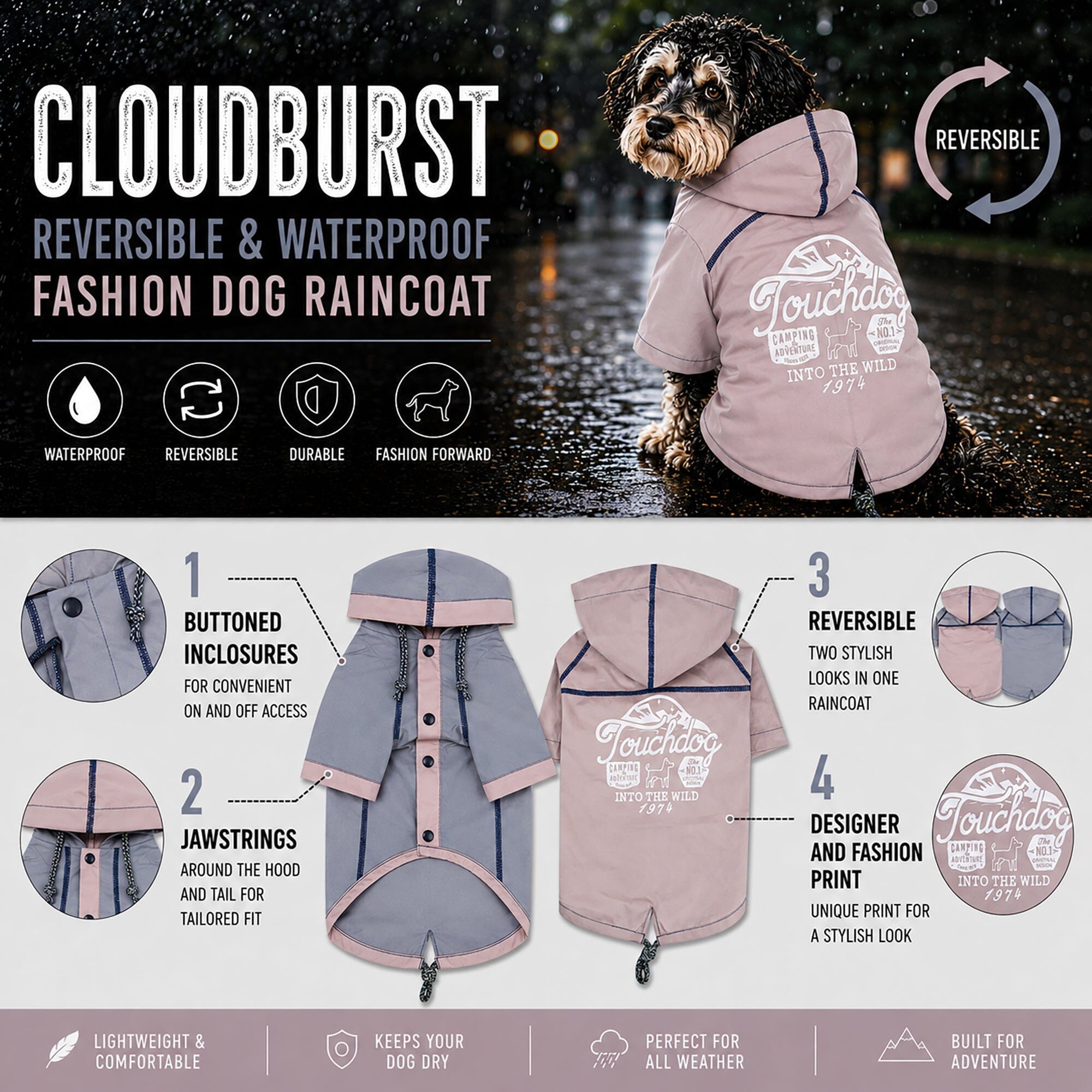 Touchdog Cloudburst Reversible Fashion Waterproof Dog Raincoat | HT Animal Supply
