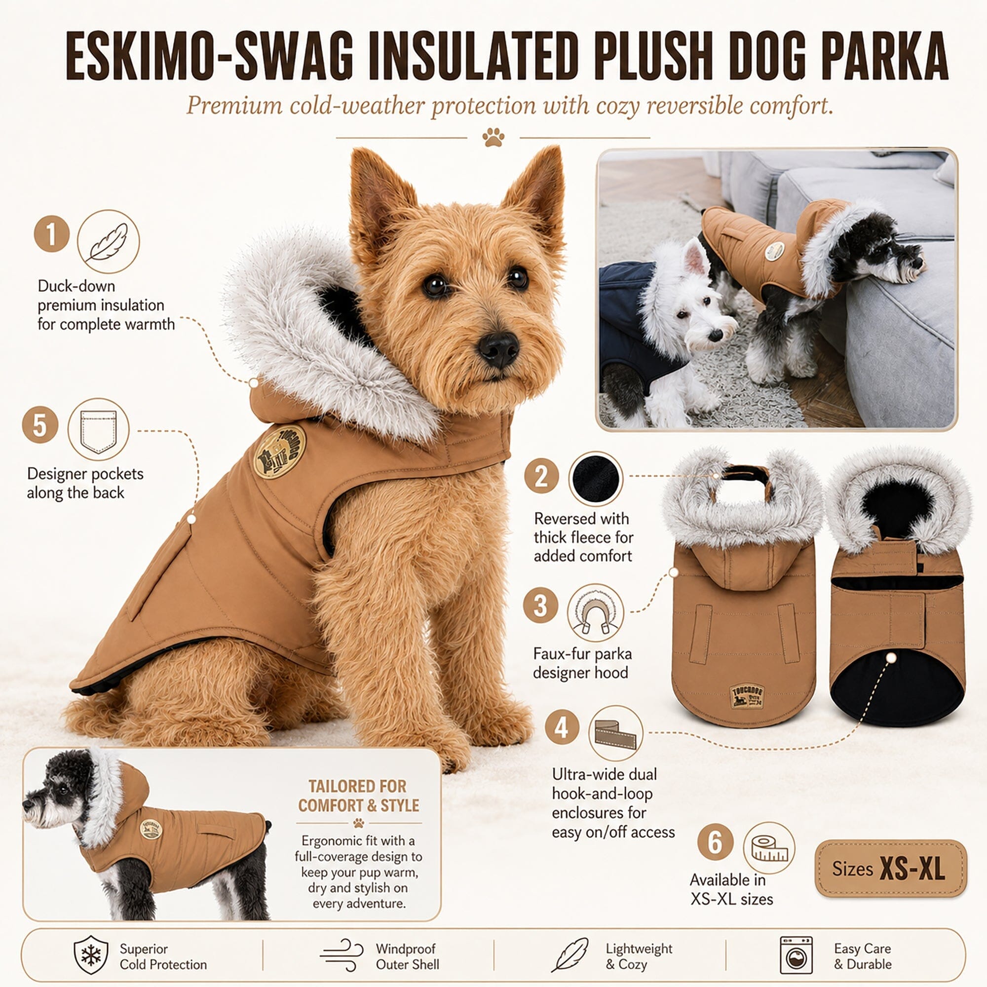 Touchdog Eskimo-Swag Duck-Down Insulated Winter Dog Coat Parka | HT Animal Supply