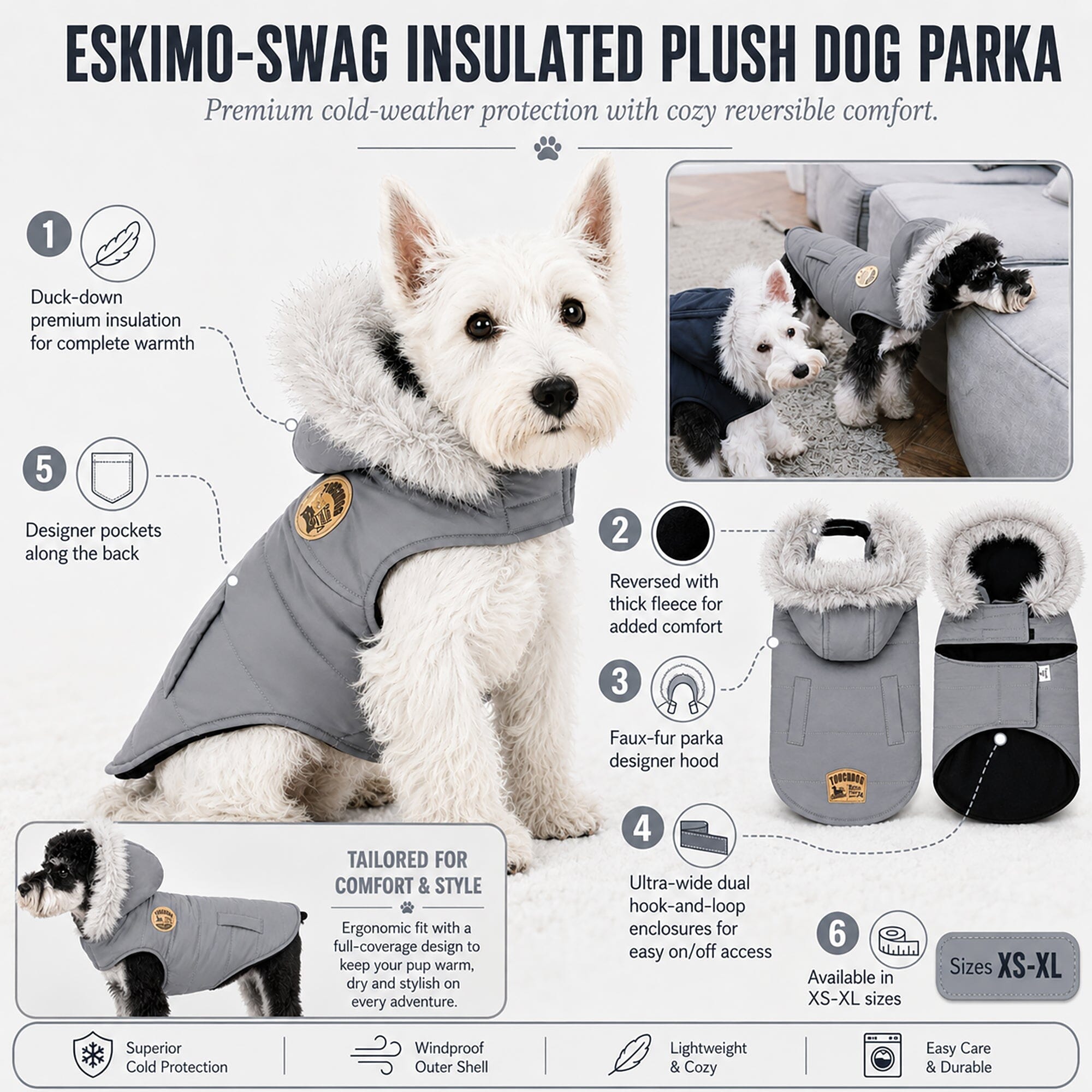 Touchdog Eskimo-Swag Duck-Down Insulated Winter Dog Coat Parka | HT Animal Supply