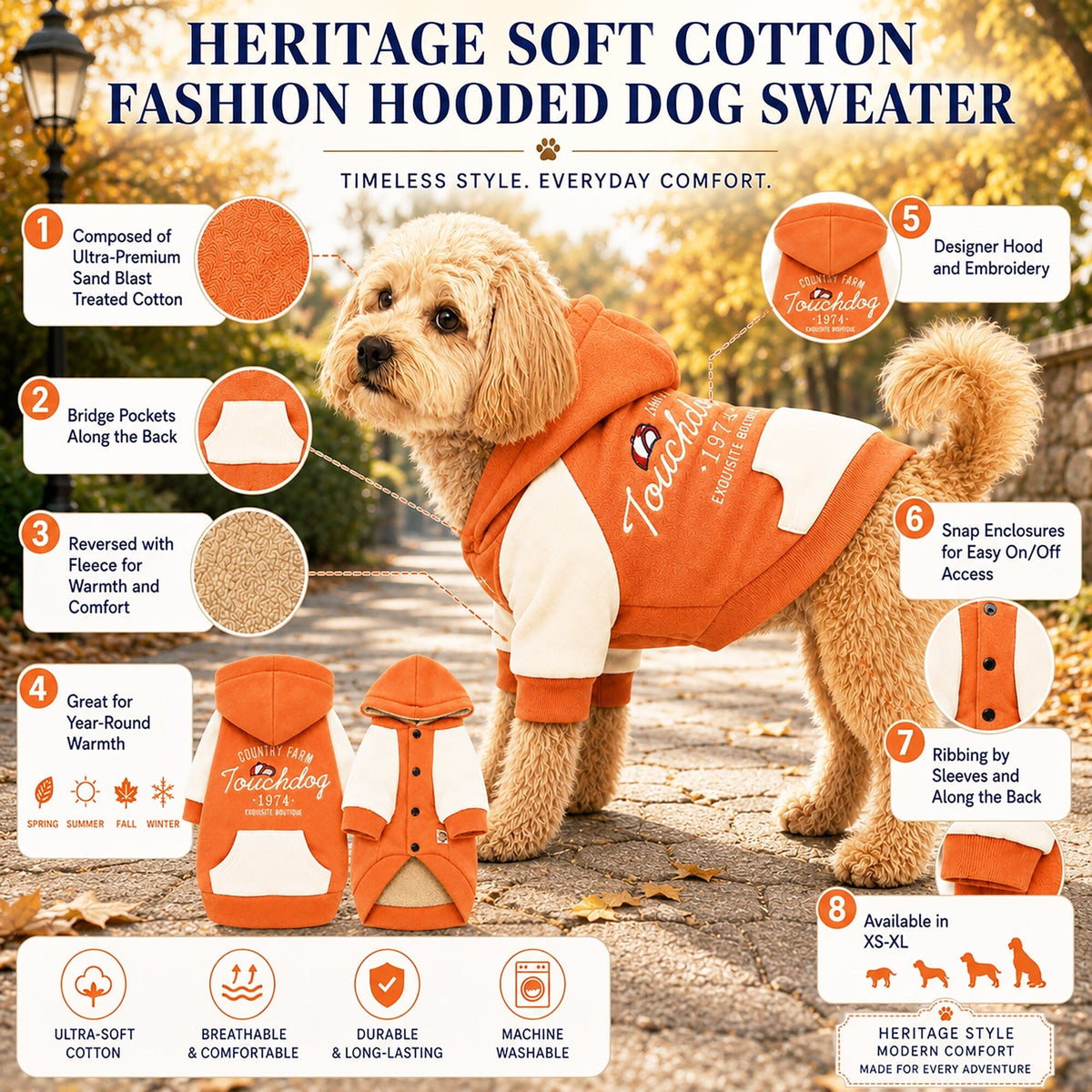Touchdog Heritage Soft-Cotton Fashion Dog Hoodie Sweater | HT Animal Supply