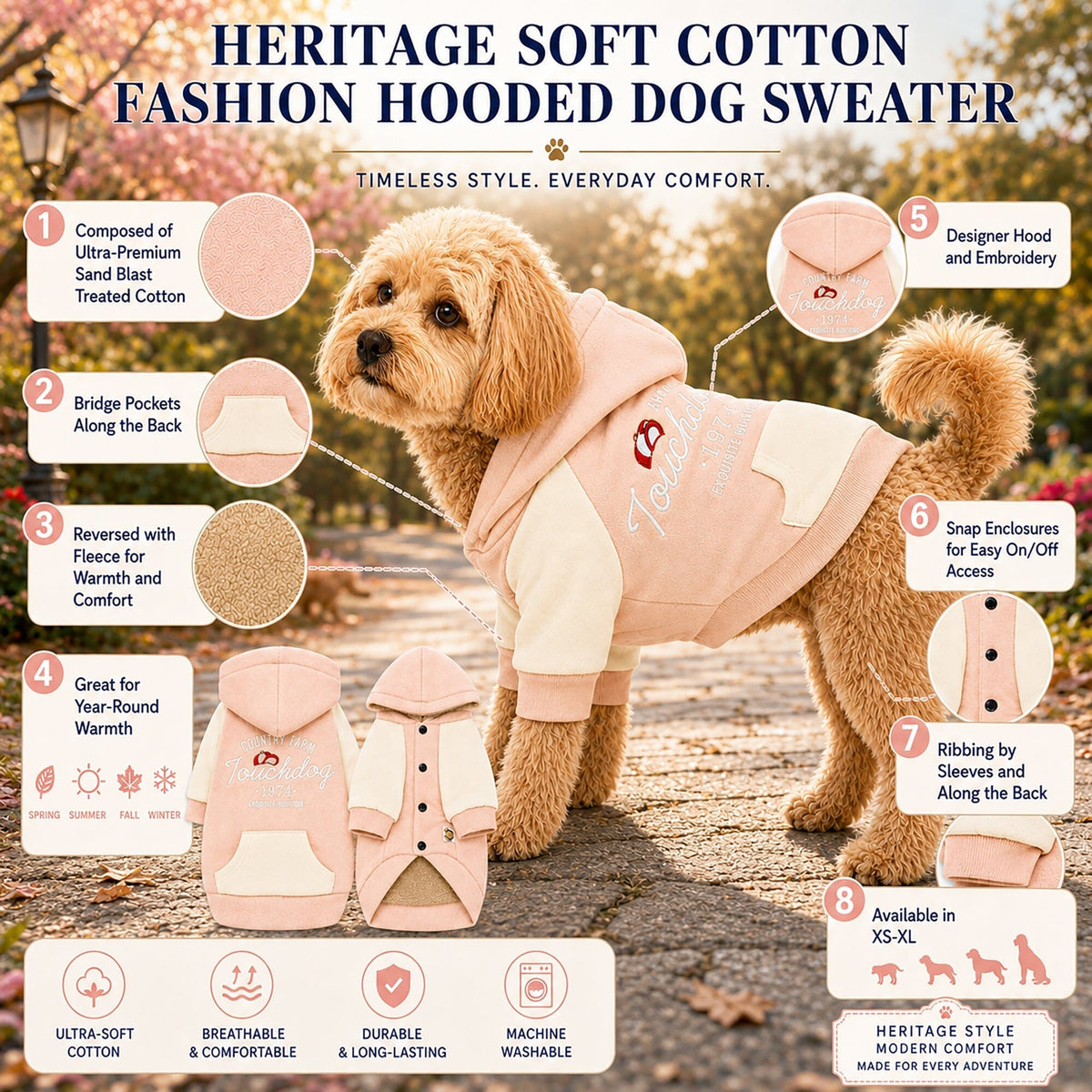 Touchdog Heritage Soft-Cotton Fashion Dog Hoodie Sweater | HT Animal Supply