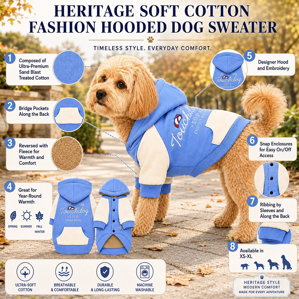 Touchdog Heritage Soft-Cotton Fashion Dog Hoodie Sweater | HT Animal Supply