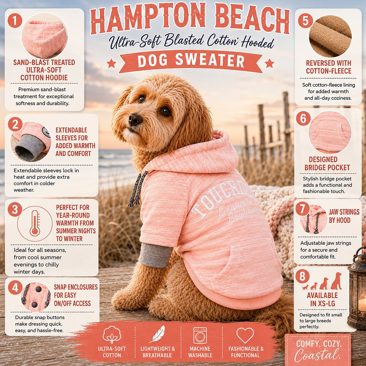 Touchdog Hampton Beach Ultra-Soft Blasted Cotton Hooded Dog Sweater | HT Animal Supply