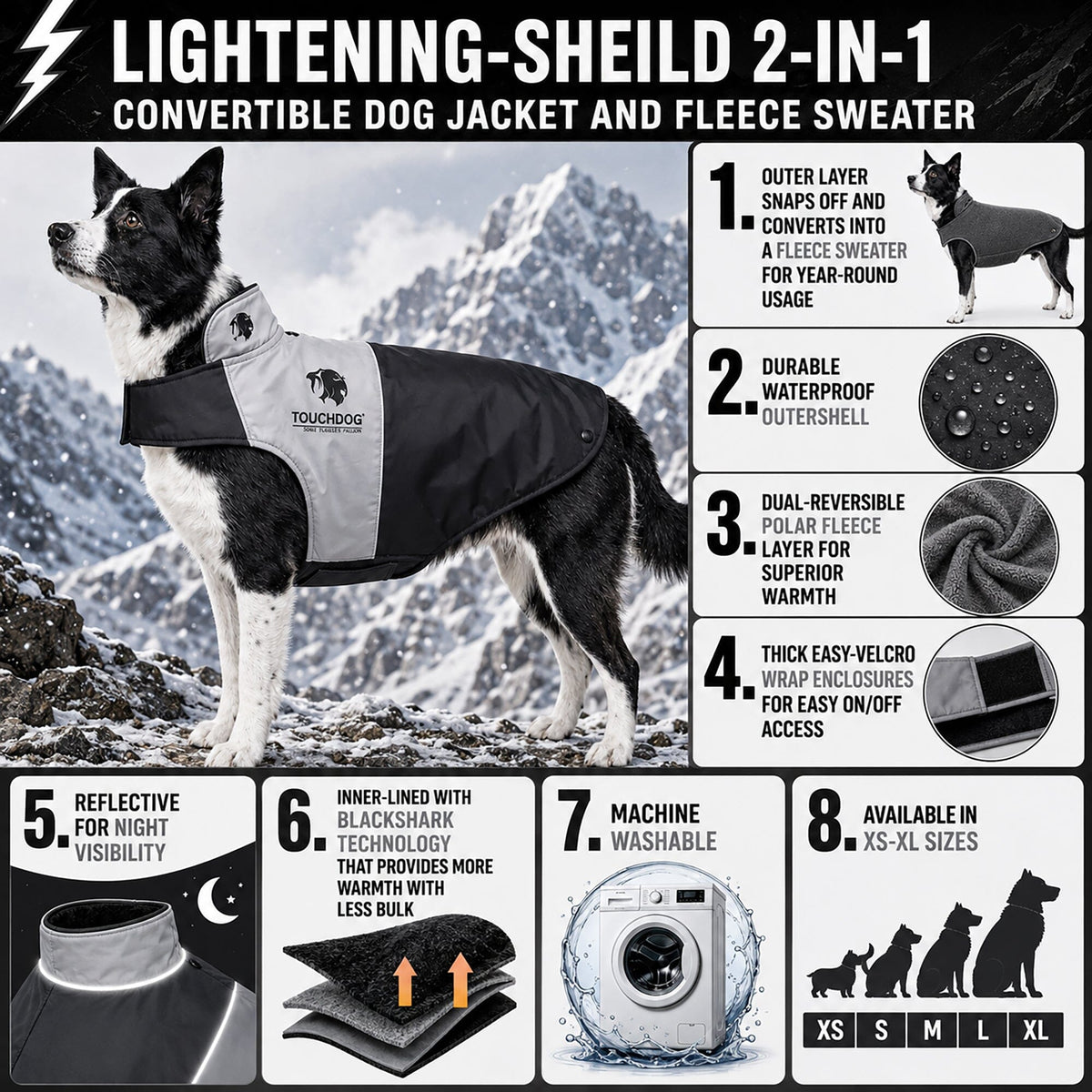 Touchdog Lightening-Shield 2-in-1 Dual-Removable-Layered Waterproof Dog Jacket | HT Animal Supply