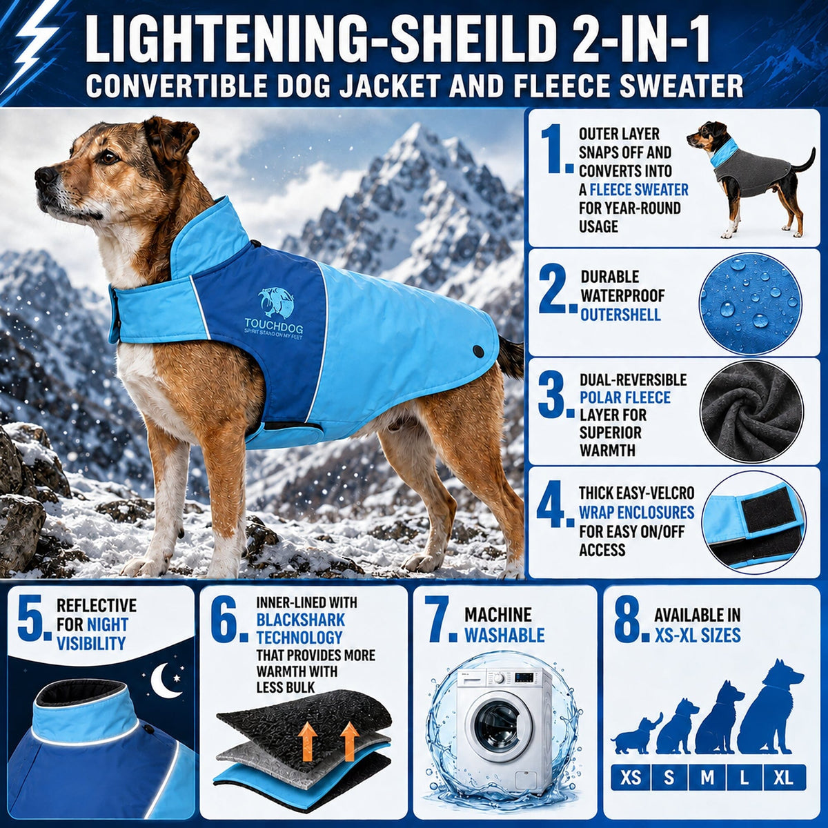 Touchdog Lightening-Shield 2-in-1 Dual-Removable-Layered Waterproof Dog Jacket | HT Animal Supply