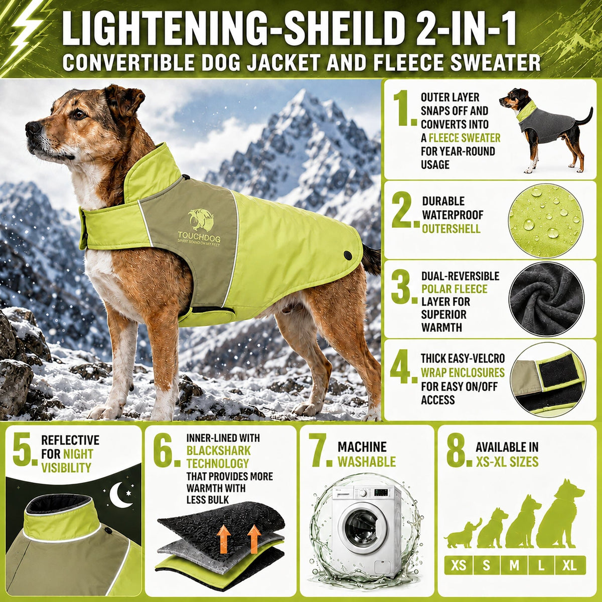 Touchdog Lightening-Shield 2-in-1 Dual-Removable-Layered Waterproof Dog Jacket | HT Animal Supply