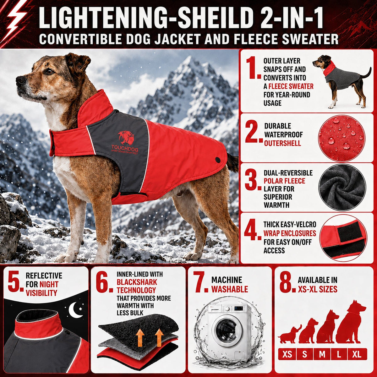 Touchdog Lightening-Shield 2-in-1 Dual-Removable-Layered Waterproof Dog Jacket | HT Animal Supply