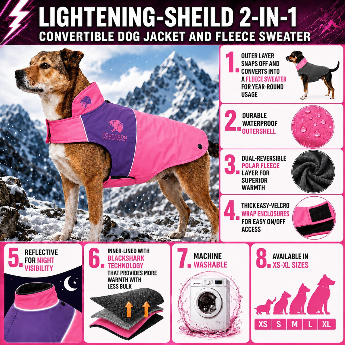Touchdog Lightening-Shield 2-in-1 Dual-Removable-Layered Waterproof Dog Jacket | HT Animal Supply
