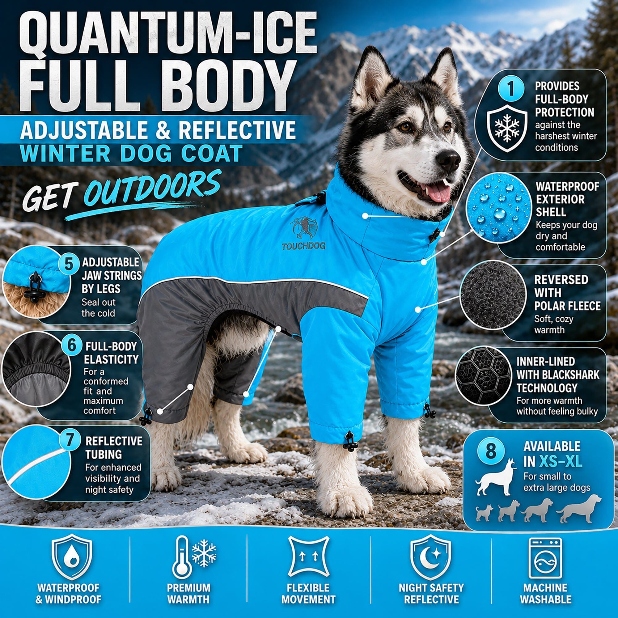 Touchdog Quantum-Ice Adjustable and Reflective Full-Body Winter Dog Jacket | HT Animal Supply