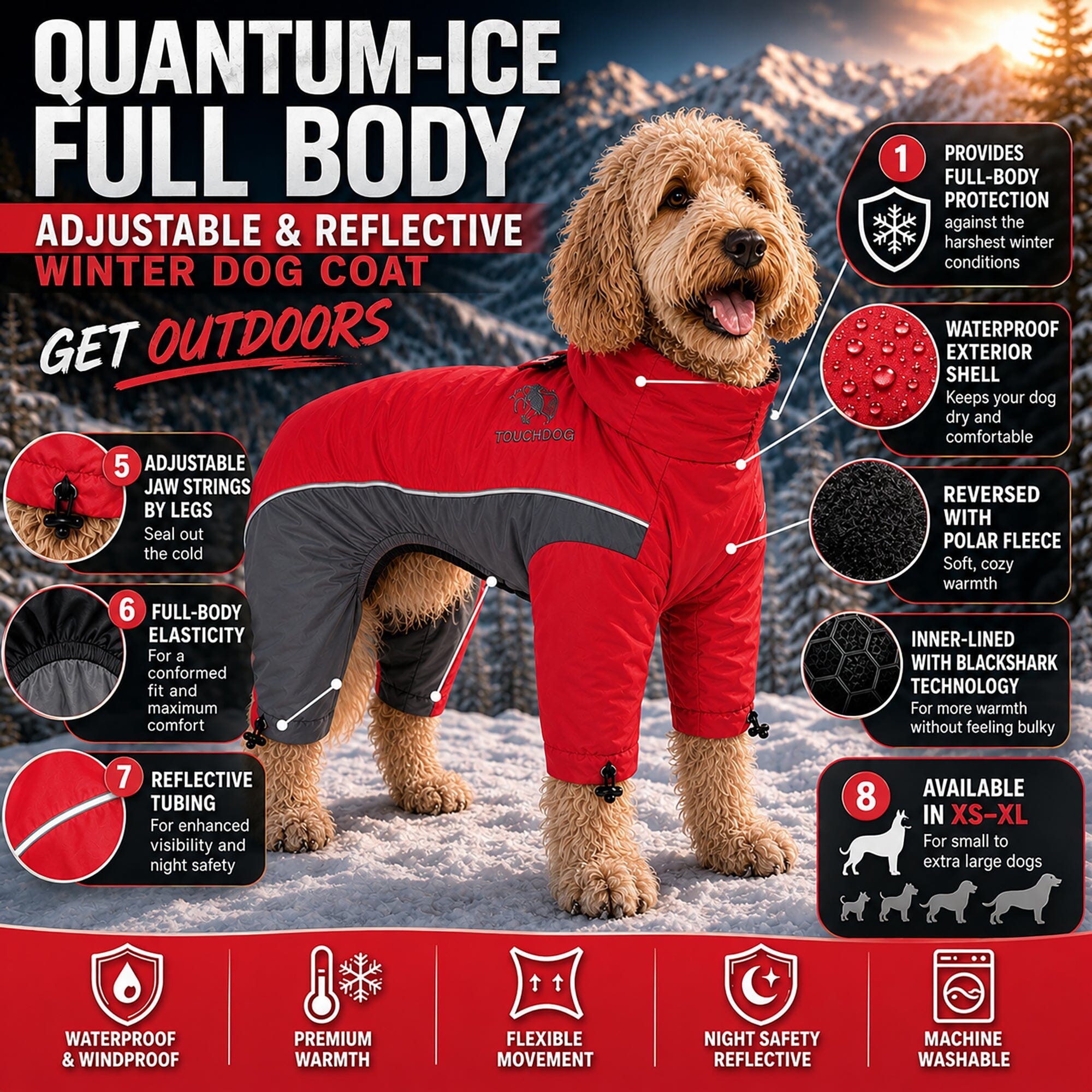 Touchdog Quantum-Ice Adjustable and Reflective Full-Body Winter Dog Jacket | HT Animal Supply