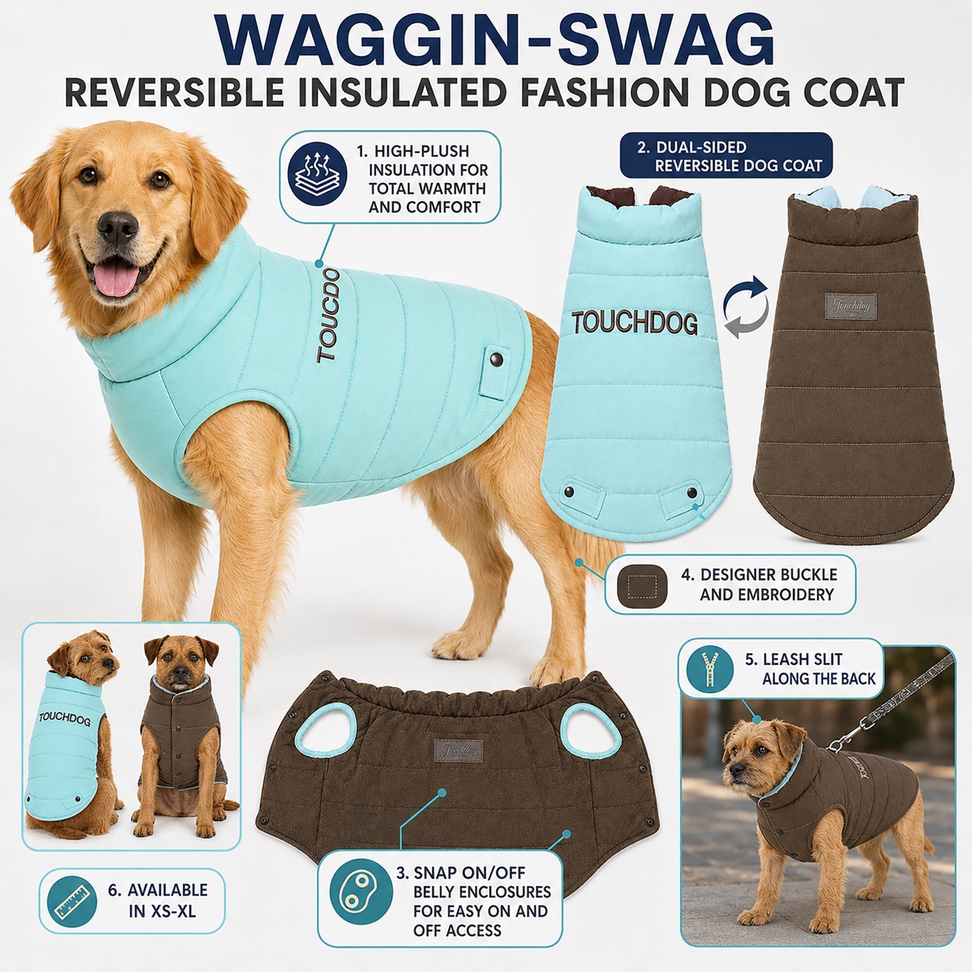 Touchdog Waggin Swag Ultra-Plush Insulated and Reversible Dog Coat | HT Animal Supply