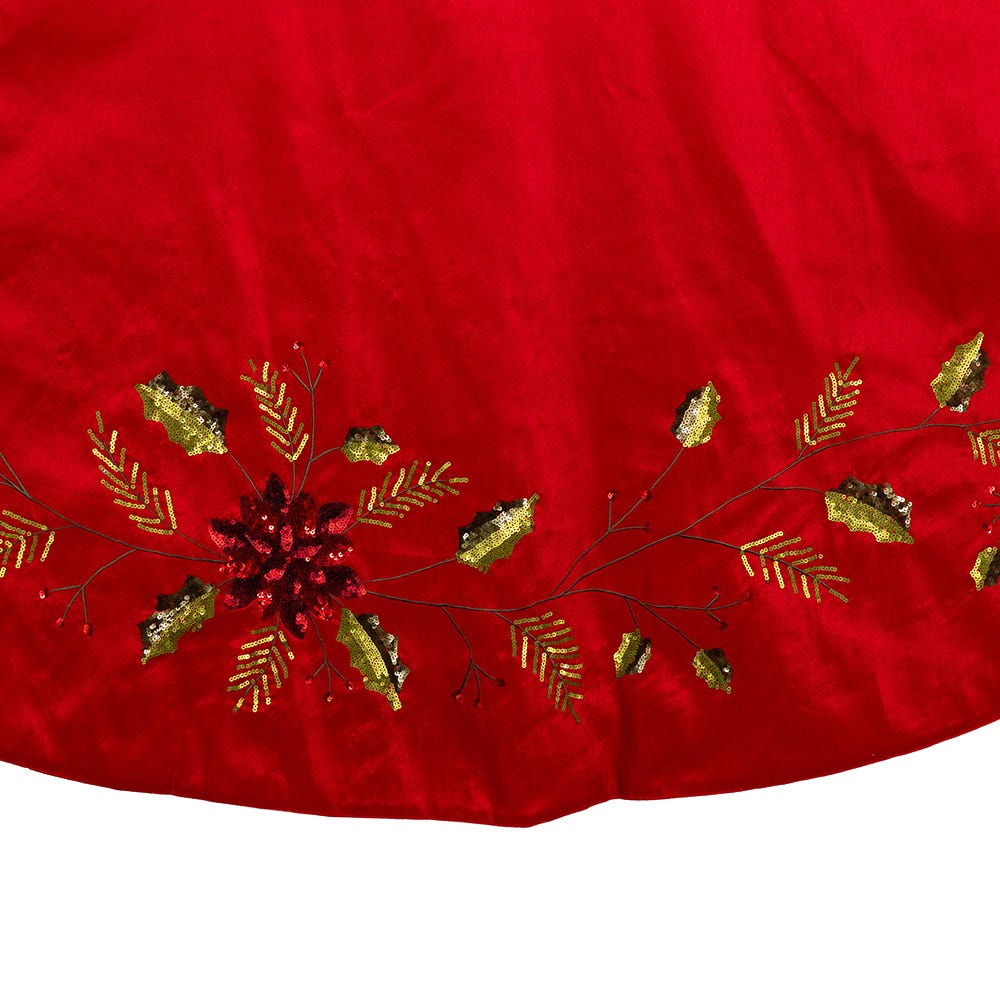 Kurt Adler 72-Inch Red Dupion Tree Skirt with Multi Sequin Poinsettia