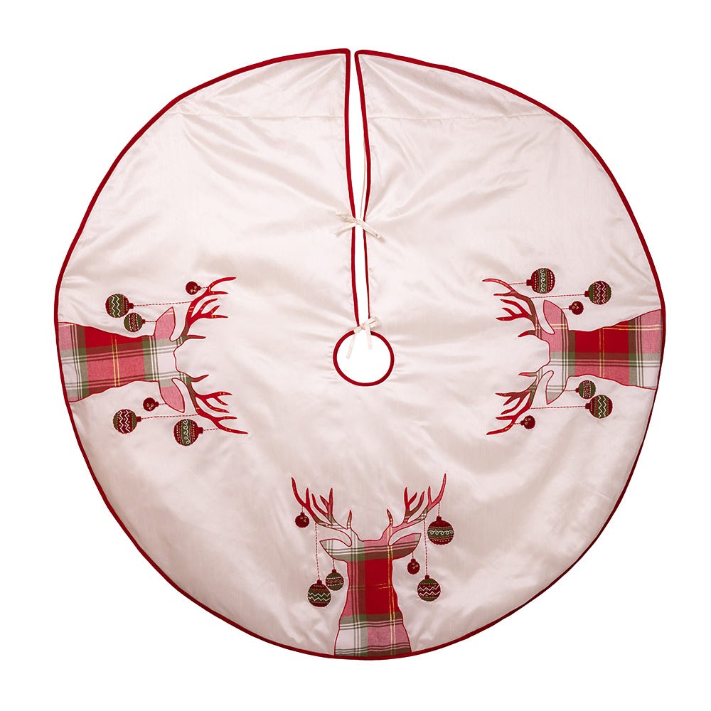 Kurt Adler 60-Inch Ivory Dupion Tree Skirt with Reindeer Appliqu Embroidery