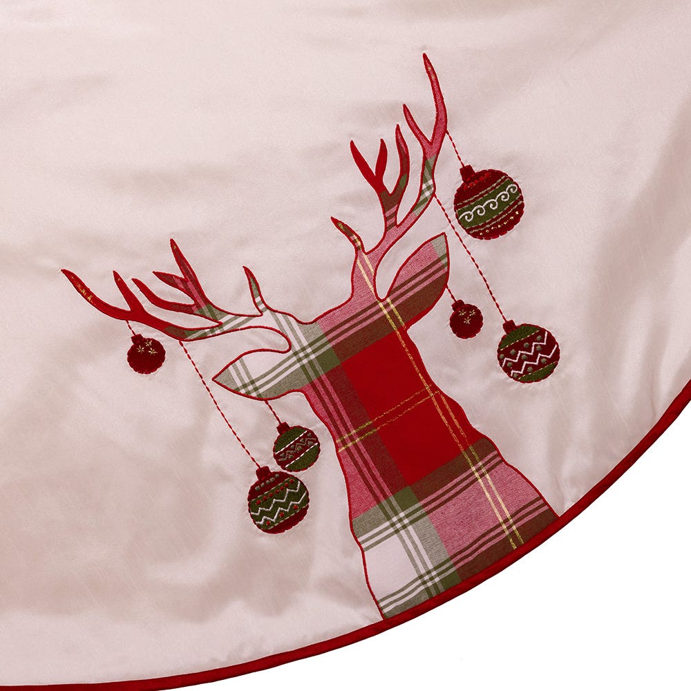 Kurt Adler 60-Inch Ivory Dupion Tree Skirt with Reindeer Appliqu Embroidery