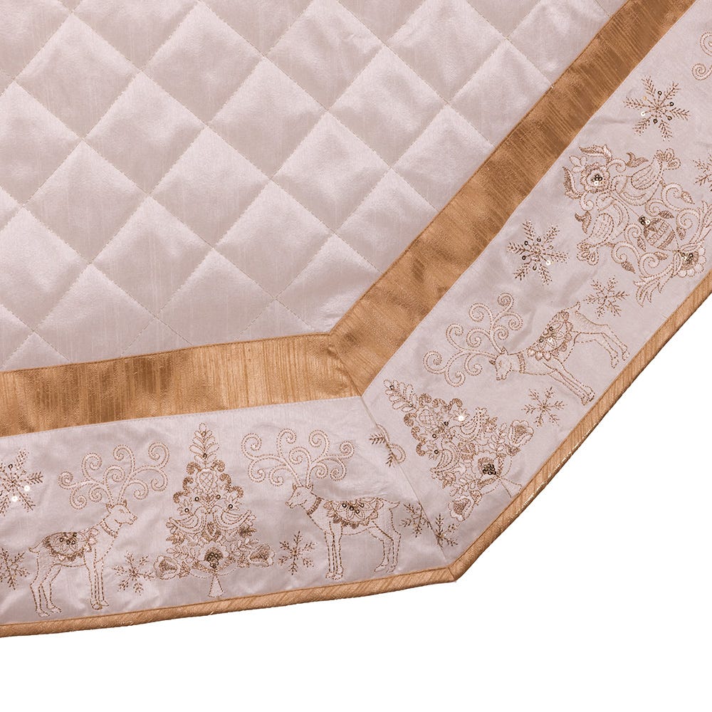 Kurt Adler 60-Inch Ivory Dupion With Center Quilting and Embroidered Border Tree Skirt