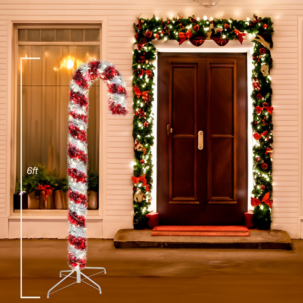Kurt Adler 6-Foot Pre-Lit Red and White LED Tinsel Candy Cane