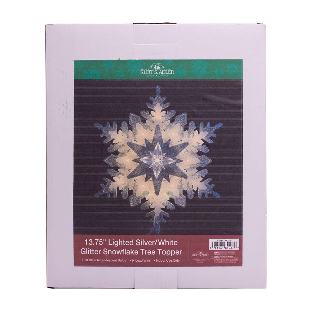Kurt Adler 13.75-Inch UL 20-Light Silver and White Glittered Snowflake Tree Topper