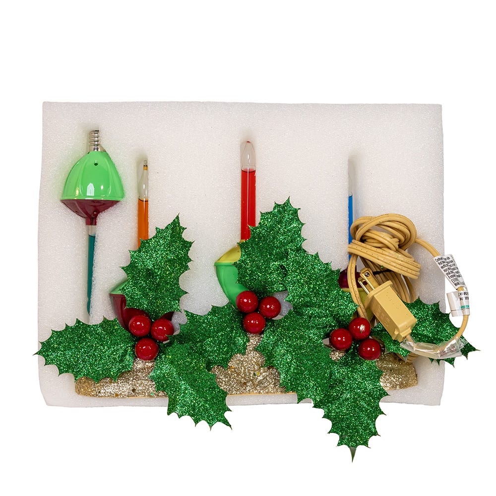 Kurt Adler 8.85-Inch Holly Berry and Greenery with Gold Base Three Bubble Lights