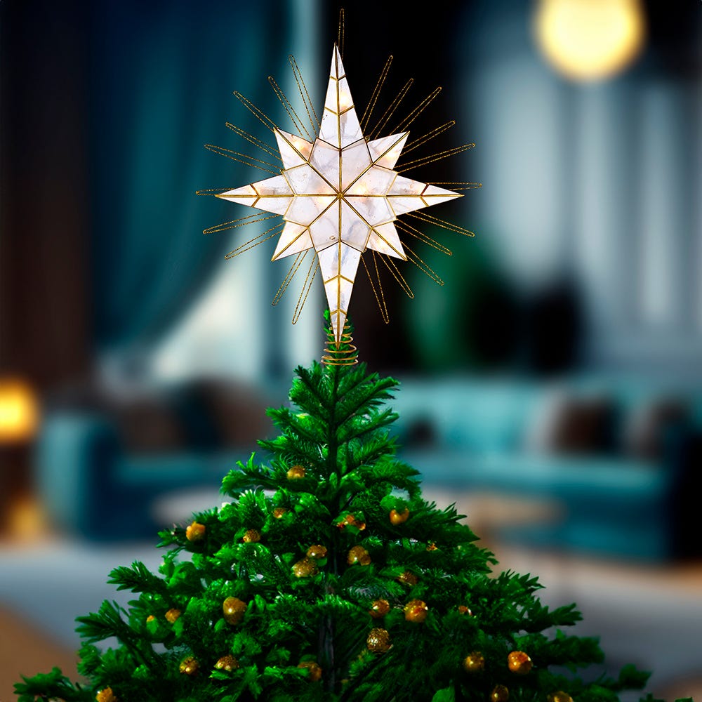 Kurt Adler 10-Light 14-Inch Gold Glitter Capiz Bethlehem Star Treetop