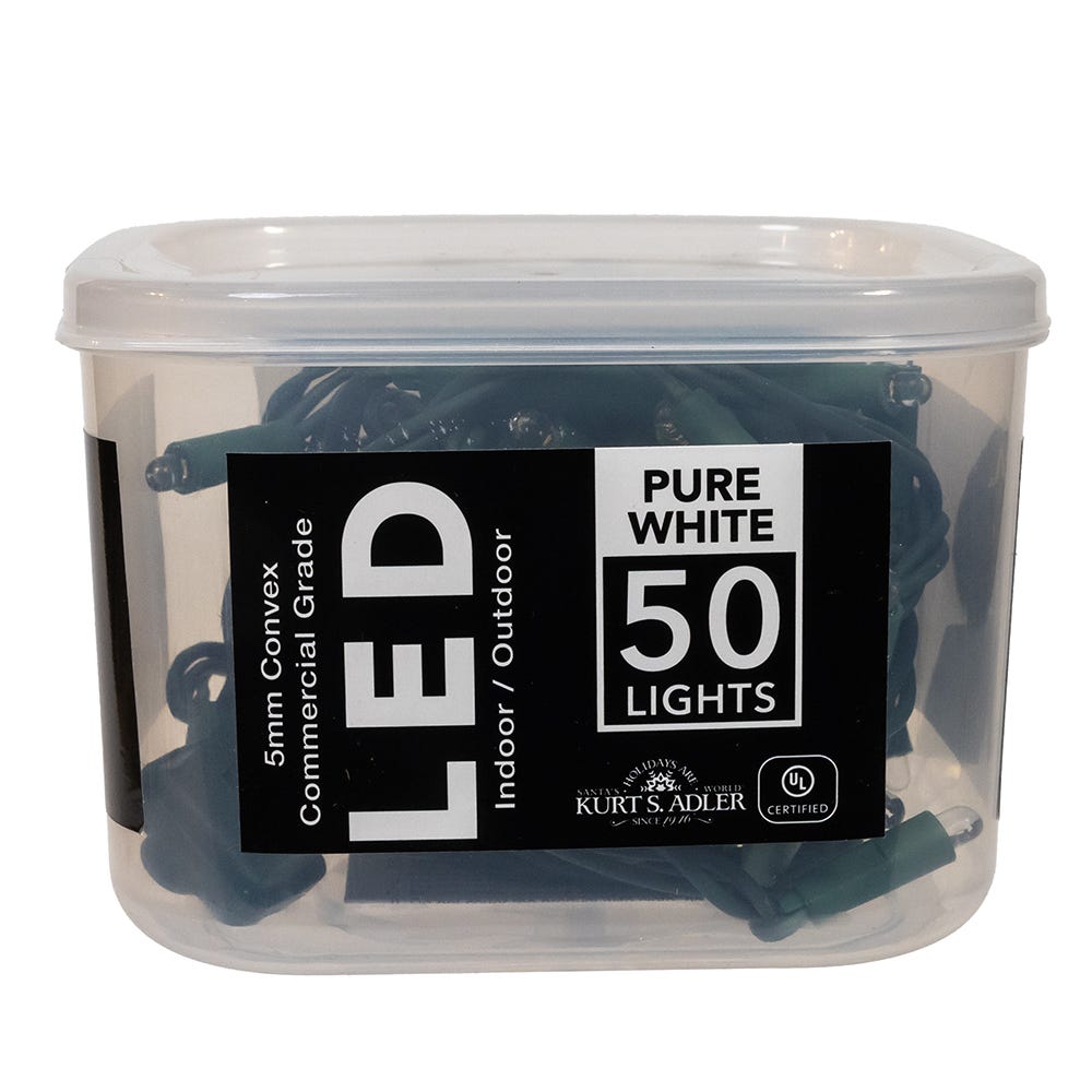 Kurt Adler 25.5-Foot UL 50-Light Convex Pure White 5MM LED Green Wire Light Set