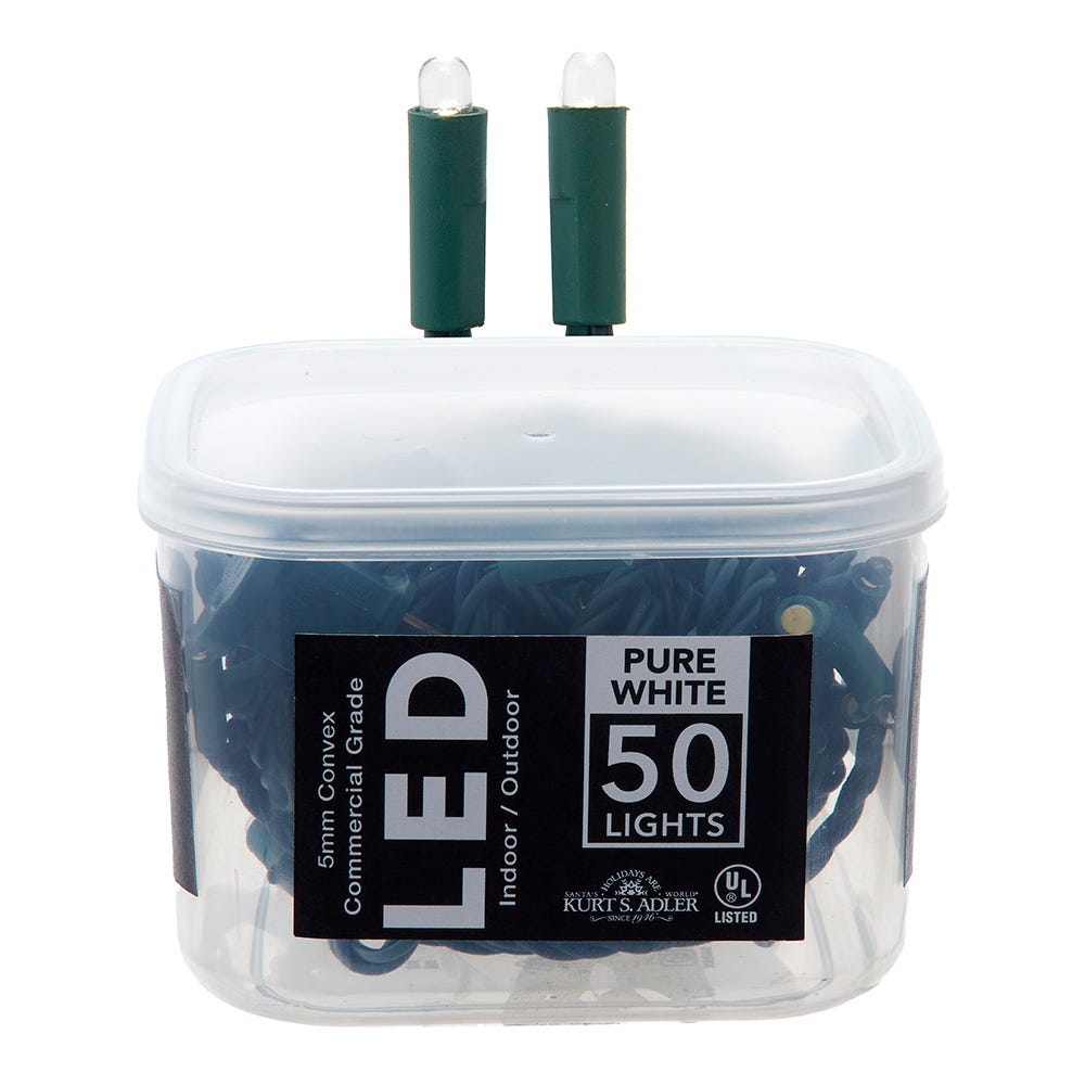 Kurt Adler 25.5-Foot UL 50-Light Convex Pure White 5MM LED Green Wire Light Set