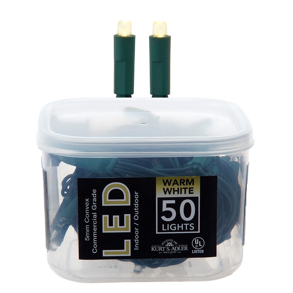 Kurt Adler 25.5-Foot UL 50-Light Convex Warm White 5MM LED Green Wire Light Set