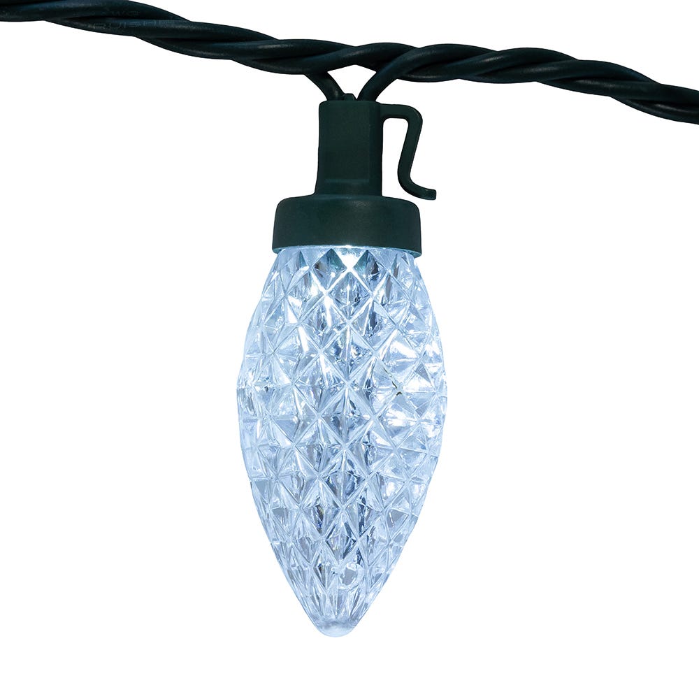 Kurt Adler 50-Foot UL 100-Light Cool White LED Faceted C9 Green Wire String Lights