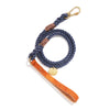 Up-Cycled Blue Jean Rope Leash, Standard Tan Leather Handle