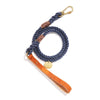 Up-Cycled Blue Jean Rope Leash, Standard Tan Leather Handle