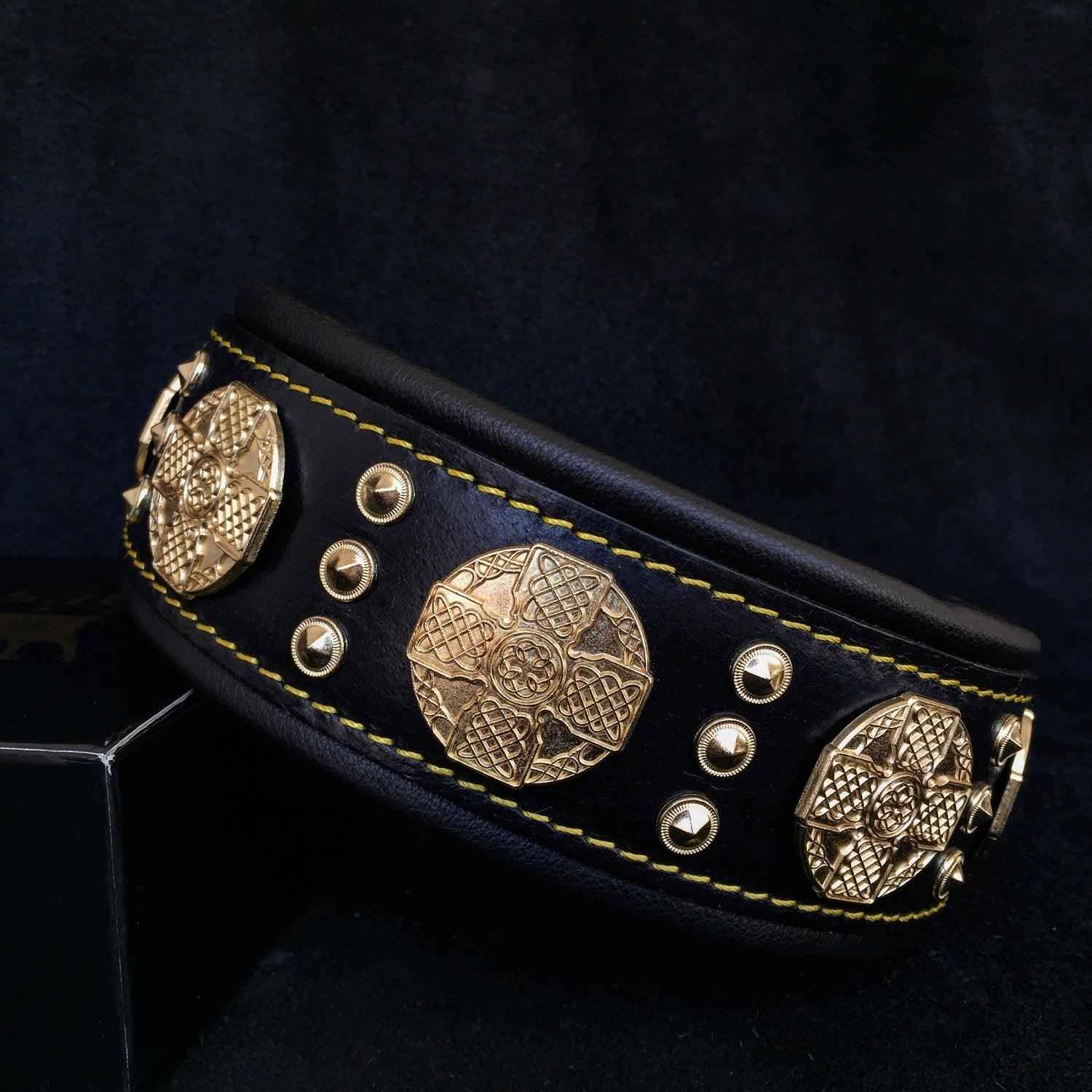 Bestia Maximus 2.5-Inch Wide Black & Gold Leather Dog Collar