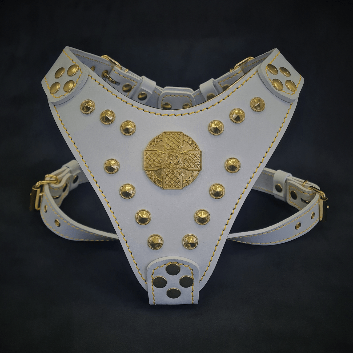 Bestia Maximus White & Gold Leather Small to Medium Dog Harness