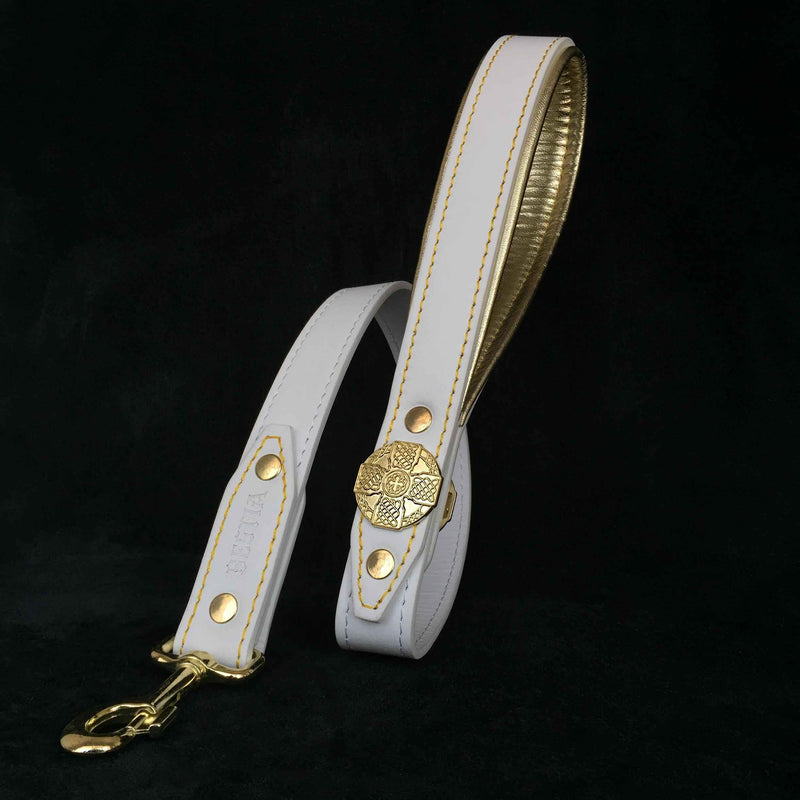 Bestia Maximus White & Gold Leather Dog Leash
