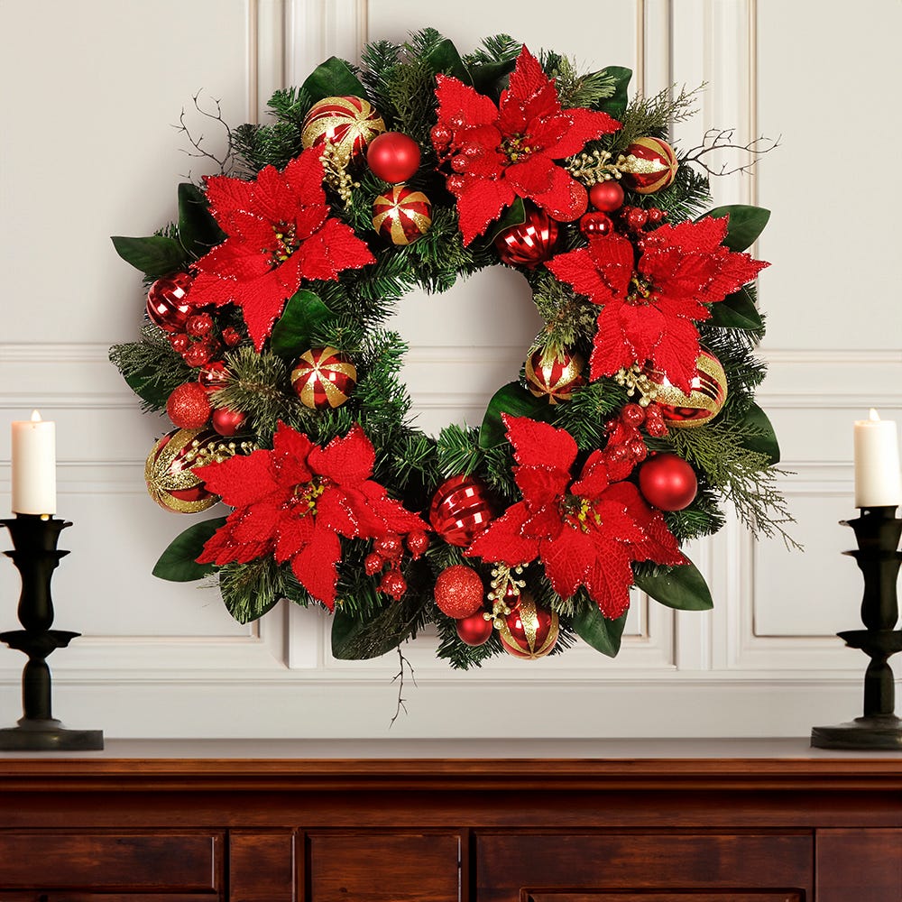 Kurt Adler 30-Inch Unlit Red & Gold Poinsettia Wreath