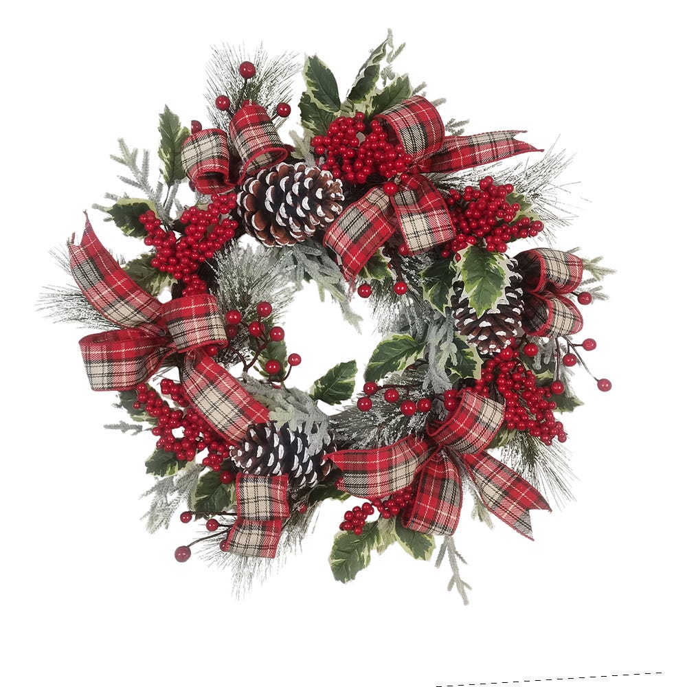 Kurt Adler 24-Inch Flocked Decorated Unlit Rattan Wreath with Plaid Bow and Holly Berry