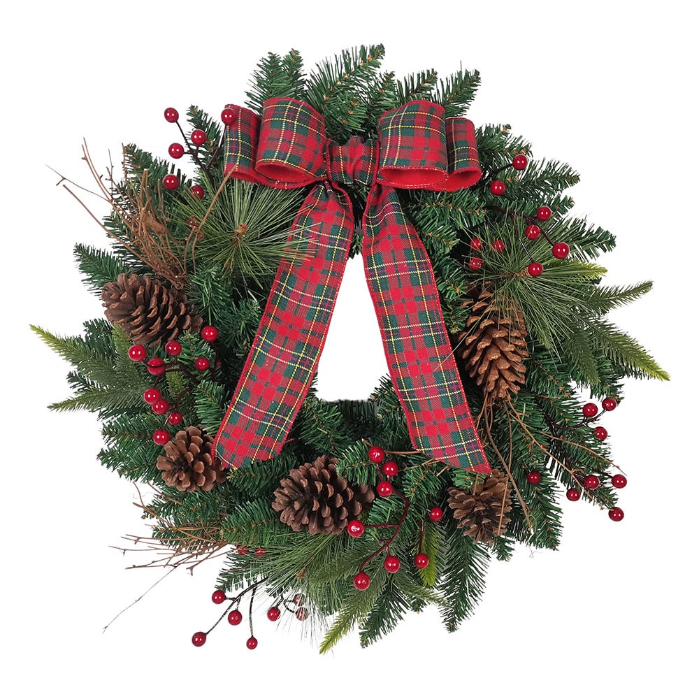 Kurt Adler 24-Inch Decorated Unlit Green Wreath with Bow, Holly Berrys and Cones