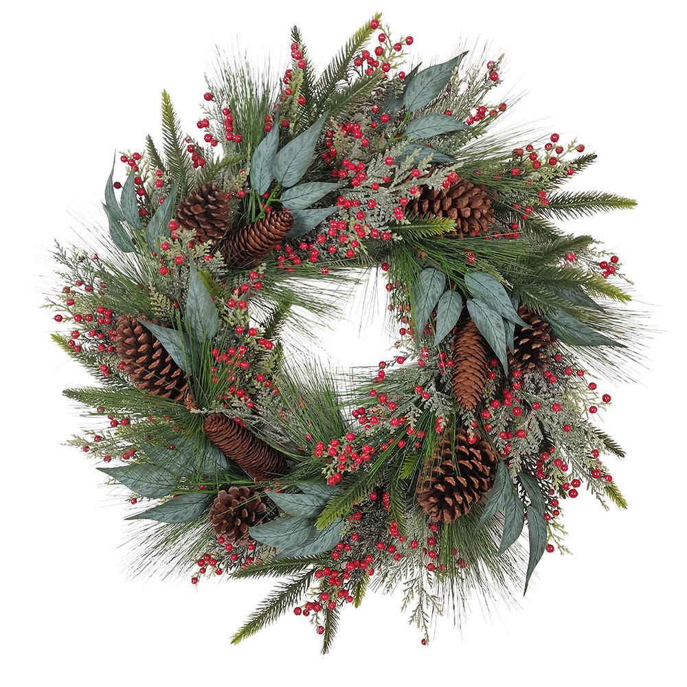 Kurt Adler  24-Inch Decorated Unlit Rattan with Pinecones Wreath