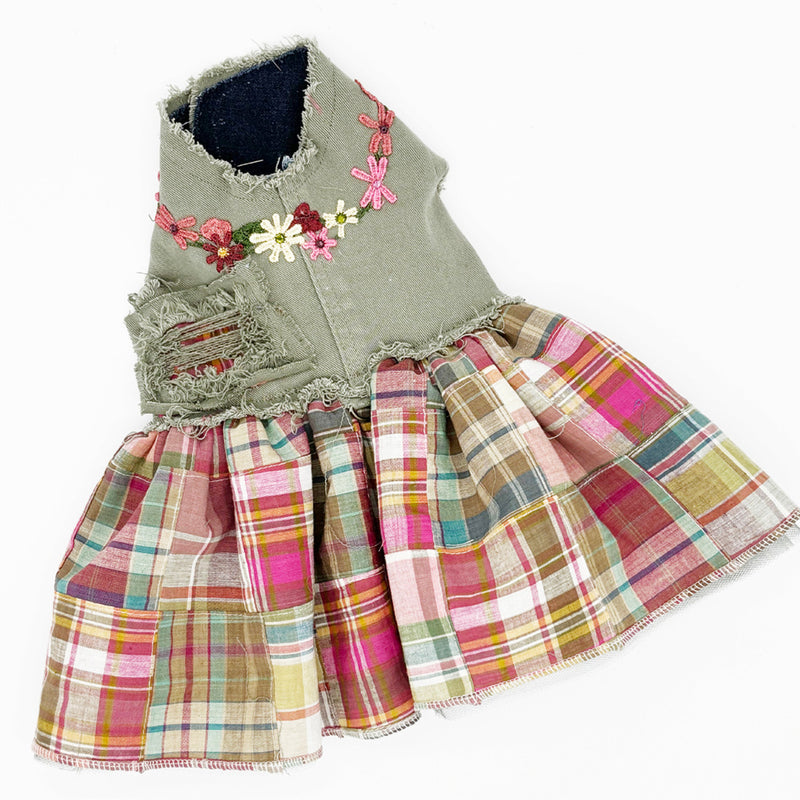 Fall Madras Plaid Dog Harness Dress: Designer Eco-Friendly Dog Clothing