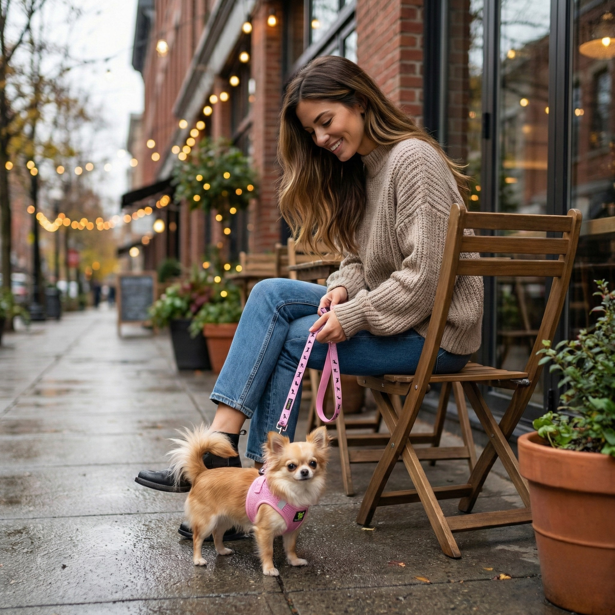 Long-haired Chihuahua wearing an EcoBark baby pink harness and leash set