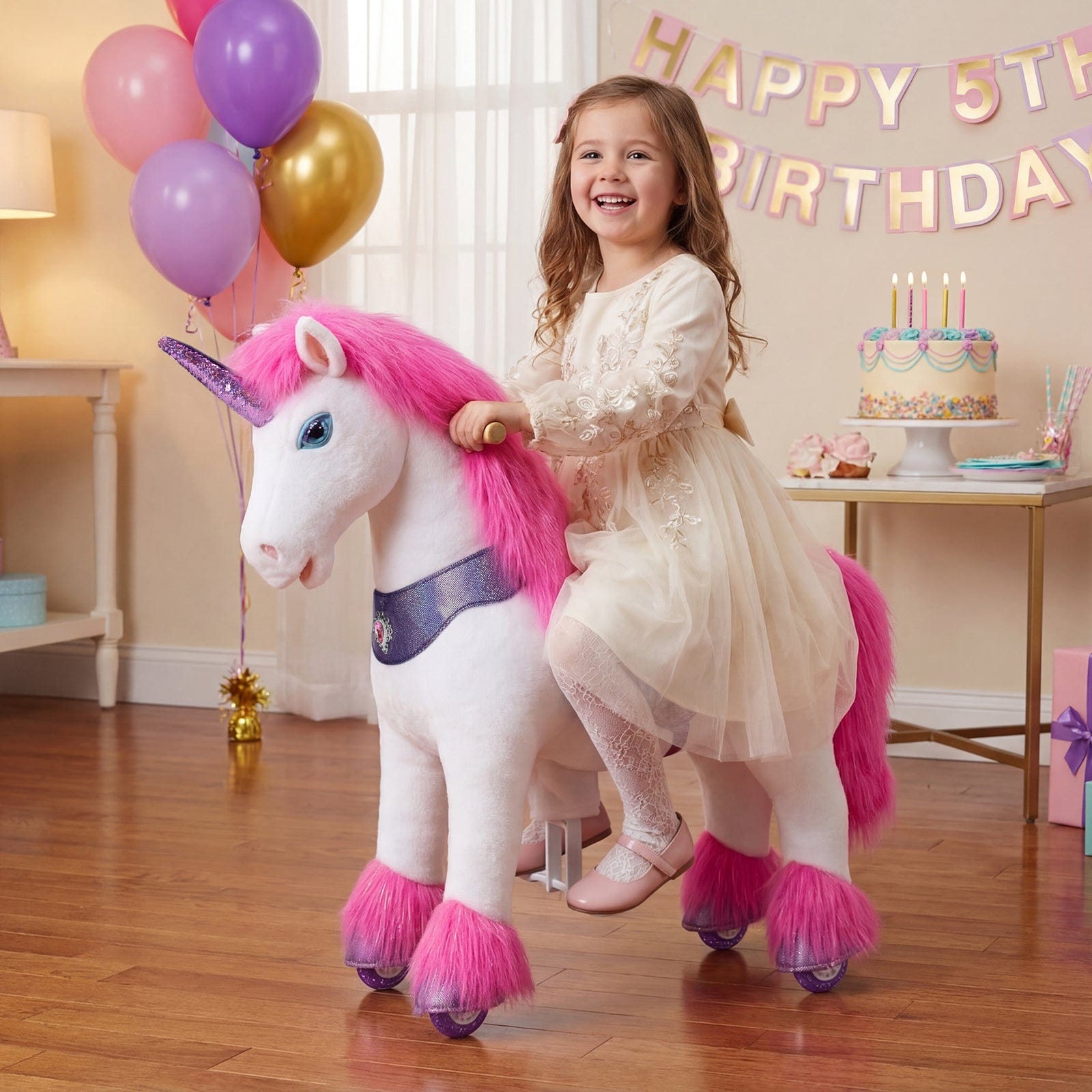 Model Y Pink/Purple Unicorn Rideable Toy for Age 4-7
