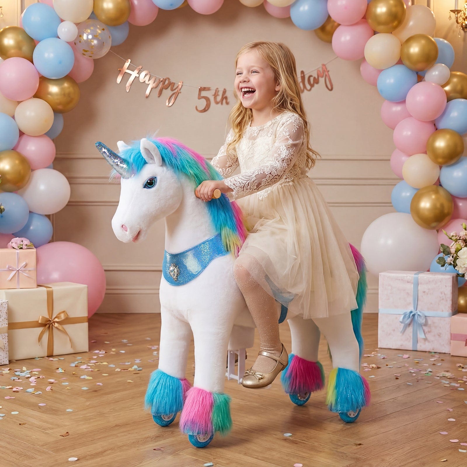 Model Y Rainbow Unicorn Rideable Toy for Age 4-7