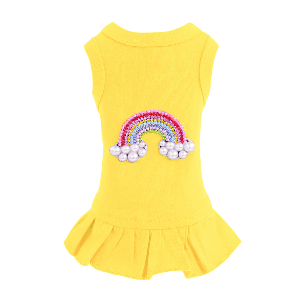 Hello Doggie Rainbow Cotton Crystal Yellow Dog Dress