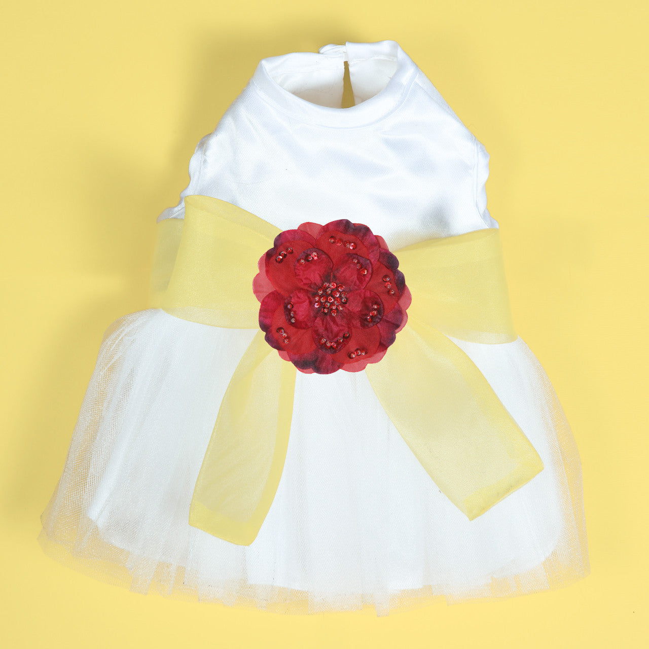 The Madeleine Harness Dog Dress with Yellow Sash