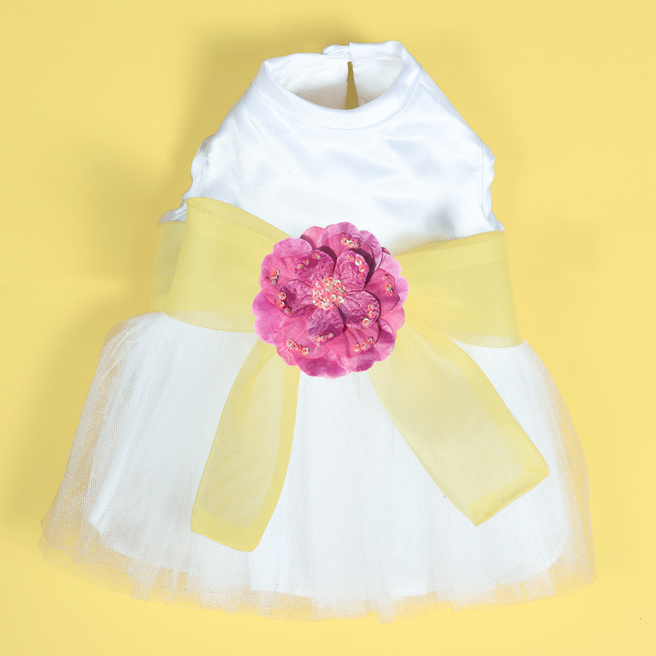 The Madeleine Harness Dog Dress with Yellow Sash