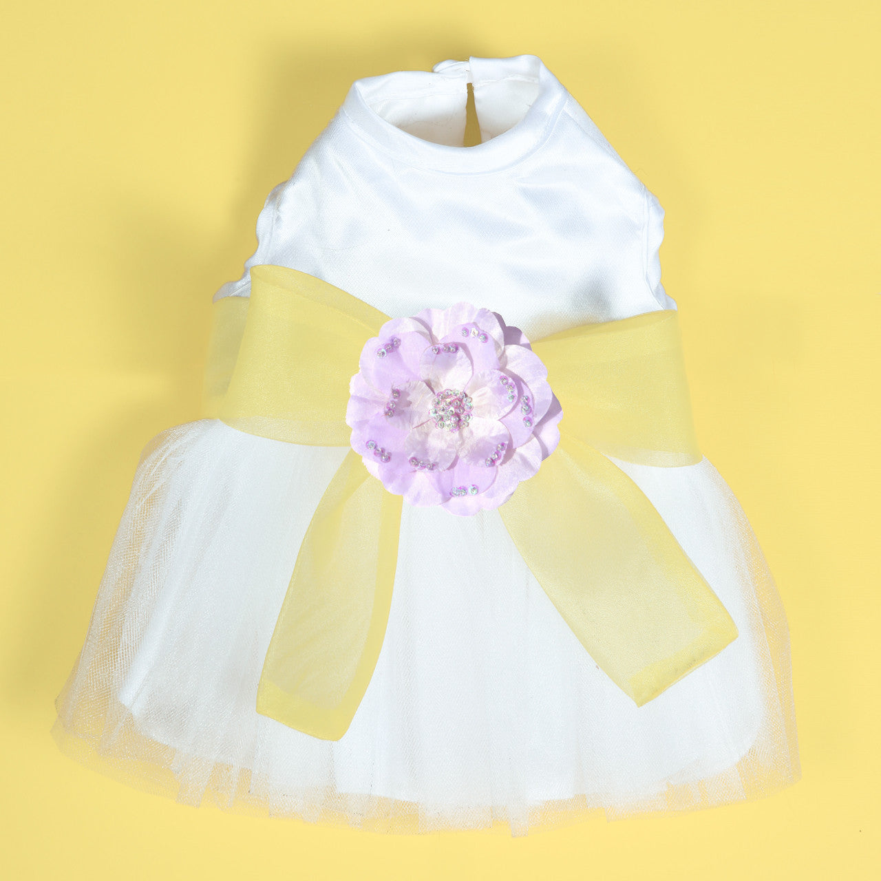 The Madeleine Harness Dog Dress with Yellow Sash