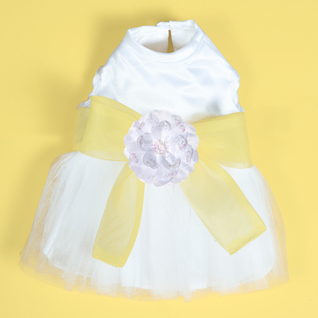 The Madeleine Harness Dog Dress with Yellow Sash