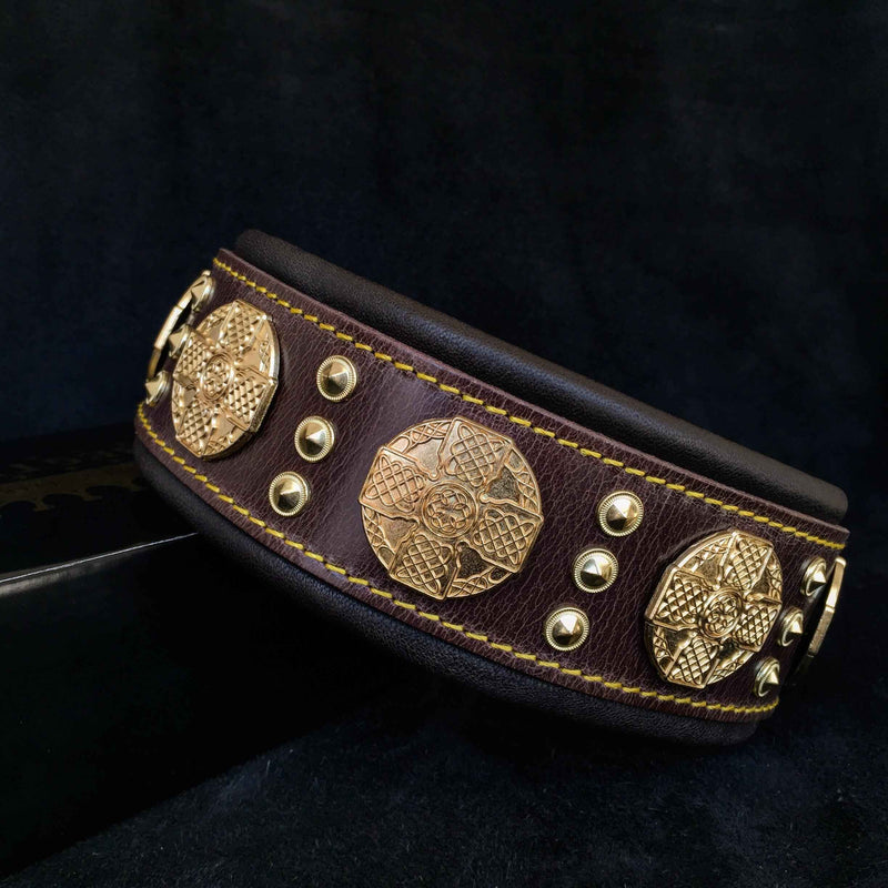 Bestia Maximus 2.5-Inch Wide Brown & Gold Leather Dog Collar